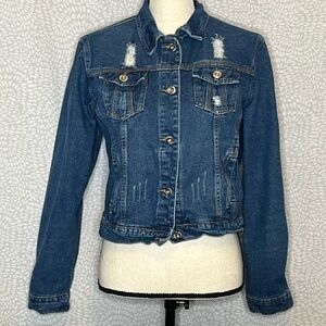 Dark blue distressed jean jacket medium